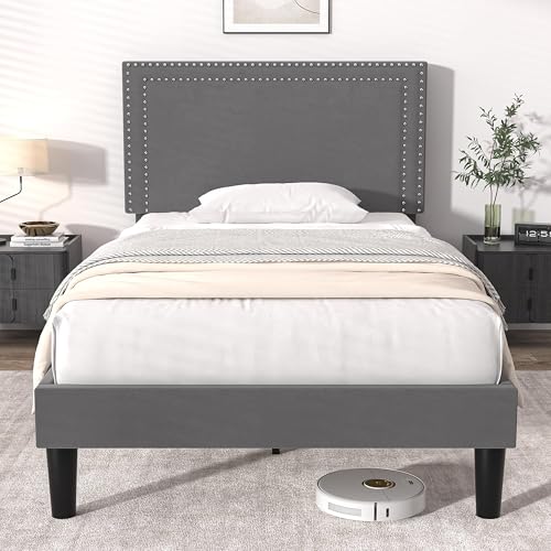 VECELO Polsterbett 90 x 200 cm mit Höhenverstellbarem Kopfteil, Einzelbett Bettrahmen mit Lattenrost, Gepolstertes Bettgestell Jugendbet für Erwachsene & Jugendliche, Samt, Ohne Matratze, Grau von VECELO