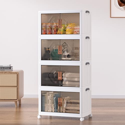 VECELO Stapelbare Aufbewahrungskörbe mit Deckel, 4 Stück, Kunststoff, zusammenklappbar, faltbar, Organizer, Container mit Rad und Doppeltür für Home Office, Weiß von VECELO