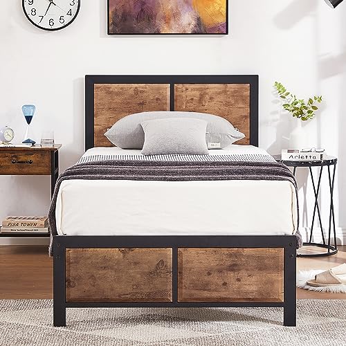 VECELO Twin Platform Bed Frame with Rustic Vintage Wood Headboard, Mattress Foundation, Strong Metal Slats Support, No Box Spring Needed VECELO Twin Platform Bed Frame with Rustic Vintage Wood Headboard, Mattress Foundation, Strong Metal Slats Support, No Box Spring Needed von VECELO