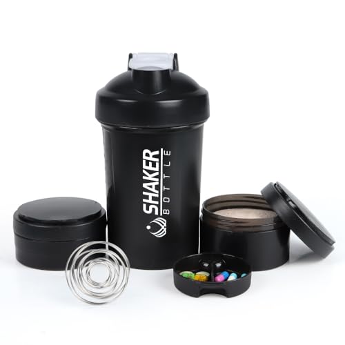 VECH Protein-Shaker-Flasche, 473 ml, Shaker-Flasche 500 ml, Shaker-Flasche für Protein-Shakes mit Mischball, auslaufsichere Fitness-Shaker-Flaschen für Training, mit Supplement-Aufbewahrung und von VECH