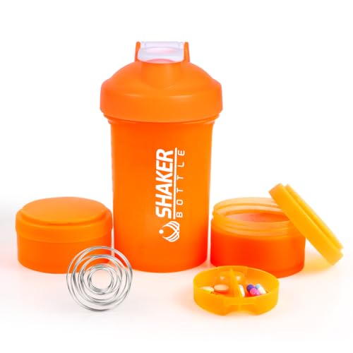 VECH Protein-Shaker-Flaschen, 473 ml, Sport-Shaker-Flasche mit 2 Schichten, tragbare Wasserflasche, tragbare Vor-Workout-Flasche mit Edelstahl-Mischball (orange) von VECH