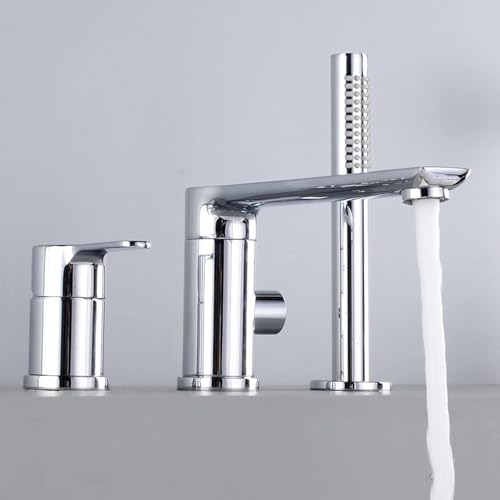 VECNUM 3 Loch Wannenrandarmatur Mit Ausziehbarem Handbrause Chrom Wannenrand Badewanne Armatur Set Heißes Und Kaltes Wasser Badewannen-Armatur Wannenrandkombination,D von VECNUM