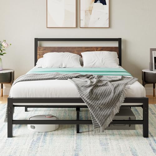 VECOCHO Doppelbettrahmen mit Holzkopfteil, Metallplattform-Bettgestell, Doppelbett, kein Boxspringbett erforderlich, Matratzenboden/Unterbettaufbewahrung, robuste Stahllatten, rustikales Braun von VECOCHO