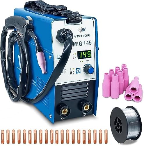 Fülldraht Schweißgerät ohne Gas - SET 35-teilig - Drahtschweißgerät mit 145 Amp & Elektrodenschweißfunktion - Auto. Drahtvorschub - Inverter - MIG-MAG-Verschleißteile-SET - 1 Kg NoGas - VECTOR WELDING von VECTOR WELDING