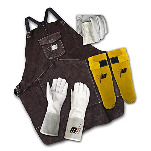 Schweißhandschuhe - Schweißerschürze - Schweißerärmel - Fingerschutz - Schutzkleidung SET - Leder - VECTOR WELDING von VECTOR