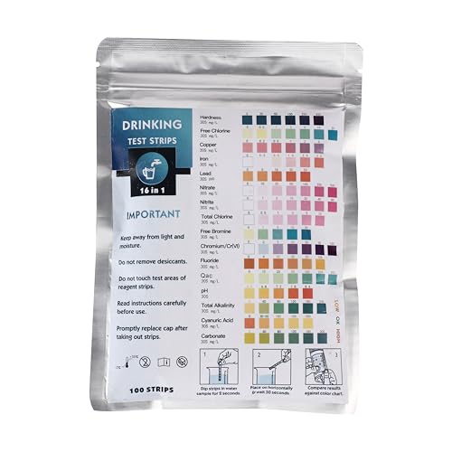 VED Wassertest-Kits für Trinkwasser 100 Streifen - 16 in 1 Trinkwasser-Test-Kit - Wasserteststreifen mit Härte, Freies Chlor, Kupfer, Eisen, Blei, Nitrat, Nitrit, Gesamtchlor, Chrom, von Ved