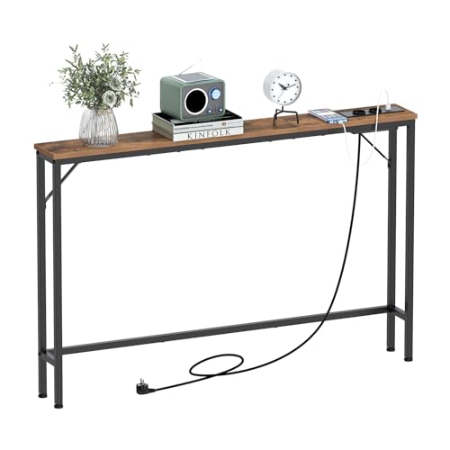 VEDECASA 5,9" Slim Konsolentisch mit Ladestation Industrie-Design Beistelltisch moderner Sofatisch mit stabiles Stahlgestell für Wohnzimmer Flur Büro (Vintage Braun, 120T x 15B x 80H cm) von VEDECASA