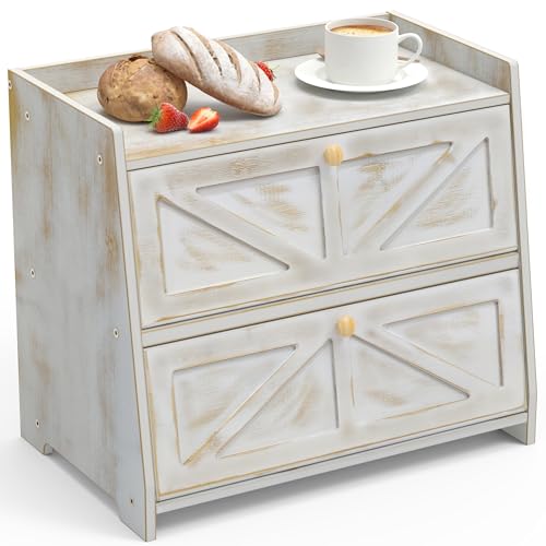 VEDECASA Bambus Brotkasten 2 Regale Brotbox für küche Großer Brotbehälter Lebensmittelecht Brotaufbewahrung Bambus Brotkästen 40x25x35cm Altmodisch Weiß von VEDECASA