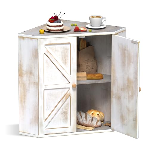 VEDECASA Bambus Brotkasten Ecke 2 Etagen Brotbehälter für küche Bambus Eck-Brotbox Großer Brotaufbewahrungsbehälter für Küchentheke 31x31x42cm Altmodisch Weiß von VEDECASA