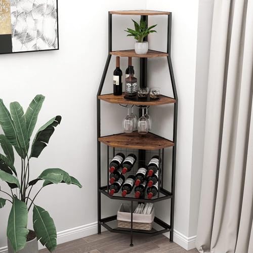 VEDECASA Eck-Weinregal Bodenstehend 5-stöckiges Eck-Barregal mit Glashalter and Weinaufbewahrung industrielles Weinregal Weinbar Schrank für Küche Bar Keller Esszimmer vintagebraun-schwarz von VEDECASA