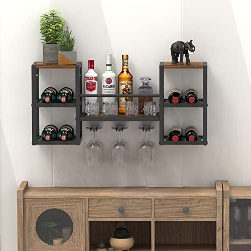 VEDECASA Industrielles grünes Weinregal zur Wandmontage mit 3 Dampfglashaltern Teilholzregal Schwarz Metall Flaschenhalter Multifunktionale Weinaufbewahrung Display Rack für Zuhause Bar Esszimmer von VEDECASA