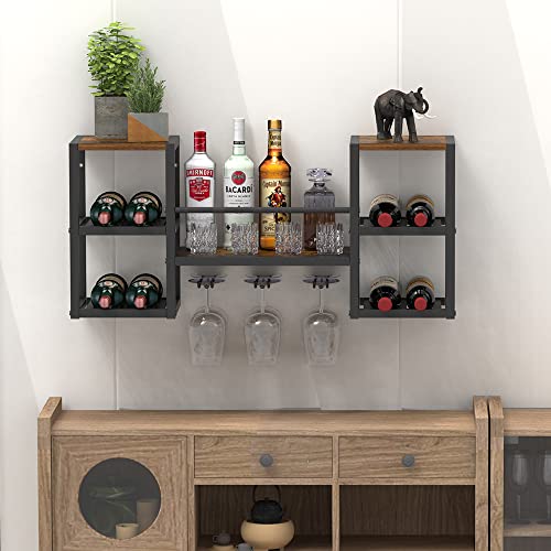VEDECASA Industrielles braunes Weinregal zur Wandmontage, mit 3 Dampfglashaltern, hängendes Weinregal, Zuhause, Bar, Regal für Küche, Bar, Esszimmer, Metallrahmen, Holzplatte von VEDECASA