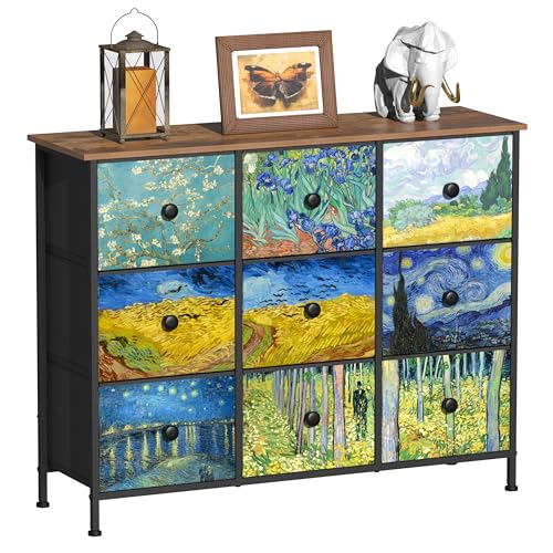 VEDECASA Kommode Van Gogh Kommode für Schlafzimmer mit 9 Schubladen, breiter TV-Ständer, Aufbewahrungs-Einheiten für Wohnzimmer, Kinderzimmer, Flur, Metallrahmen, Holzbrett, Stoffschubladen von VEDECASA