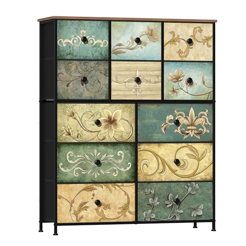 VEDECASA Kommode aus Stoff, Vintage 12 Schubladen, hohe Kommode mit Blumendruck, rustikaler Boho-Stil, Kommode Aufbewahrungsschrank für Schlafzimmer, Flur, Wohnzimmer VEDECASA Kommode aus Stoff, Vintage 12 Schubladen, hohe Kommode mit Blumendruck, rustikaler Boho-Stil, Kommode Aufbewahrungsschrank für Schlafzimmer, Flur, Wohnzimmer von VEDECASA