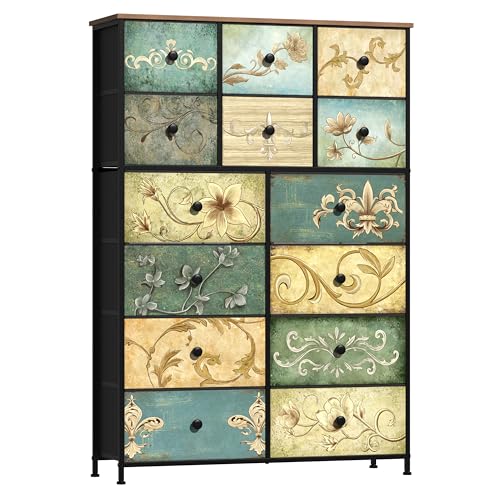VEDECASA Kommode mit 14 Schubladen, Kommode für Schlafzimmer mit Blumendruck, Stoffkommode mit Holzplatte, Schubladenaufbewahrung für Schlafzimmer, Wohnzimmer, Metallrahmen VEDECASA Kommode mit 14 Schubladen, Kommode für Schlafzimmer mit Blumendruck, Stoffkommode mit Holzplatte, Schubladenaufbewahrung für Schlafzimmer, Wohnzimmer, Metallrahmen von VEDECASA