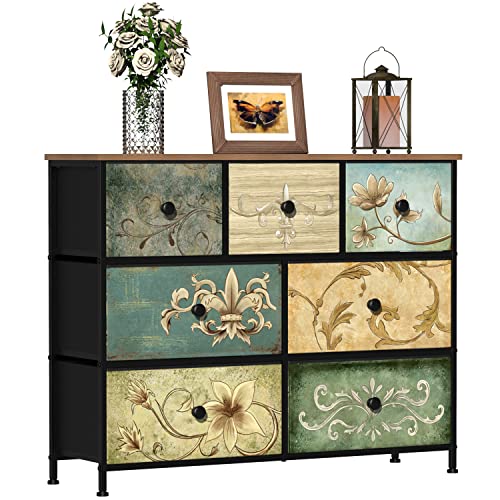 VEDECASA Schlafzimmer Kommode mit 7 Schubladen böhmische Schminktisch mit Holzplatte Stoffschubladen Metallgestell Stoff Kommode Turm Veranstalter für Wohnzimmer Kinderzimmer Flur von VEDECASA
