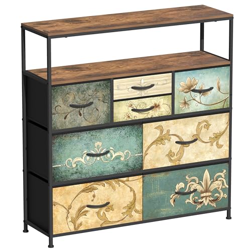 VEDECASA Kommode mit 8 Schubladen aus Stoff,Böhmische Schminktisch,TV Schrank Stand für Schlafzimme, Sideboard mit Holzplatte Stoffschubladen Metallgestell,für Wohnzimmer Schlafzimmer Flur von VEDECASA