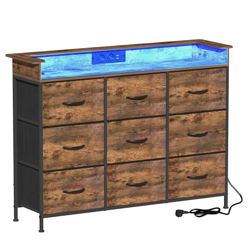 VEDECASA Kommode mit 9 Schubladen und LED-Beleuchtung,2 USB-Ports & 2 AC-Steckdosen,Sideboard mit Holzplatte und Stoffschubladen,Metallrahmen für Schlafzimmer (Braun, 9 Schubladen) von VEDECASA