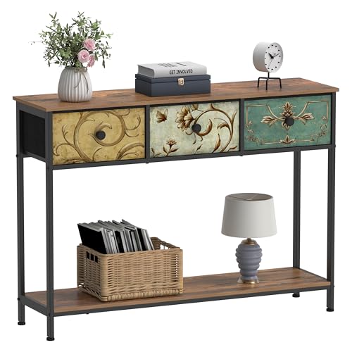 VEDECASA Konsolentisch Beistelltisch mit 3 Stoffschubladen Flurtisch mit Offenen Ablagefächern Eingangtisch Sofatisch für Flur Wohnzimmer Schlafzimmer Holz Metallrahmen einfache Montage Vintage Braun von VEDECASA