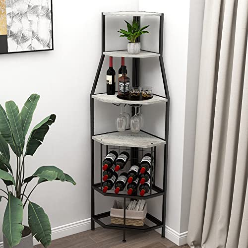 VEDECASA Eck-Weinregal Bodenstehend 5-stöckiges Eck-Barregal mit Glashalter and Weinaufbewahrung industrielles Weinregal Weinbar Schrank für Küche Bar Keller Esszimmer Grau von VEDECASA