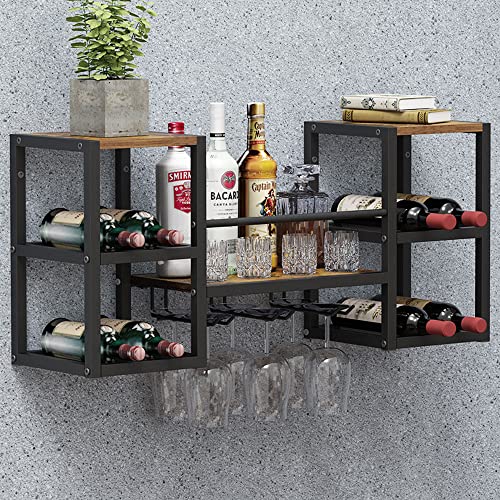 VEDECASA industriell wandmontierte Weinregal mit 3 Dampfglashalter Partial Holzregal Schwarz Metallflaschenhalter Multi funktionaler Weinpareite Display Rack für Home Bar Dining Room Kitchenkitchen von VEDECASA