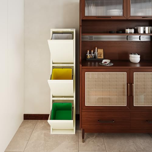 VEEHAUS Küche Mülleimer Für Den Vielseitigen Einsatz Mit Klappen Aus Edelstahl Stilvoller Abfalleimer Für Eine Effiziente Und Praktische Aufbewahrung Creme Weiß (3 x 15 LT - 45 LT) von VEEHAUS