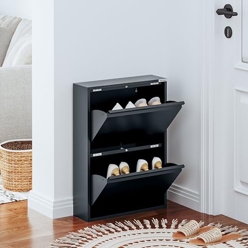 VEEHAUS Schuhregal Schmal Metall Schuhschrank Hoch Schuhkipper mit Magnetische Abdeckung Metall Montiert Schuhschrank Schmal und Wandmontage (Anthrazit RAL7016, 2 Klappen) von VEEHAUS