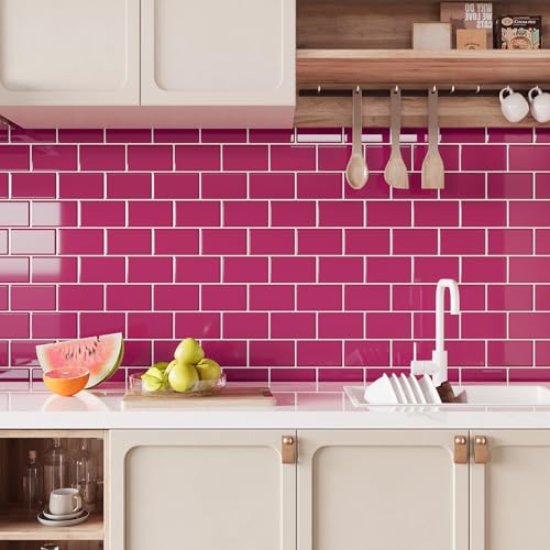 VEELIKE 6 Stück Fliesenaufkleber Küche Rosa Magenta Klebefliesen Rosa Wandfliesen Selbstklebend Küchenrückwand Folie Badfliesen Überkleben Küchenfliesen Fliesenfolie Wäschereien 30.5cm×30.5cm von VEELIKE