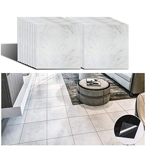 VEELIKE Selbstklebende Bodenfliesen Marmoroptik PVC Bodenbelag Garage 24 Stück Steinkunststoff Vinylboden Fliesenoptik PVC Fliesen Marmor Helles Grau Klebefliesen Bad Boden Wohnzimmer 30cm x 30cm von VEELIKE