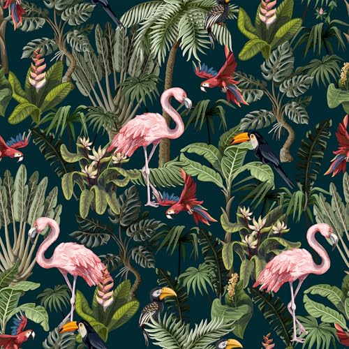 VEELIKE Dschungel Tapete Blumen Schwarz Selbstklebende Tapete Wald Flamingo Palme Tropische Fototapete Schlafzimmer Badezimmer 44.5 cm × 300 cm Mustertapete Blumen Tapeten Wohnzimmer Abnehmbar von VEELIKE