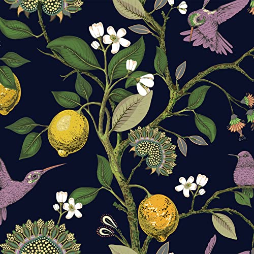 VEELIKE Fototapete Blumen und Vögel Tapete Nachtblau Tropische Blätter Tapeten Zitrone Möbelfolie Selbstklebend Blumentapete Vintage Schrankpapier Schlafzimmer Klebefolie Badezimmer 44.5cm×300cm von VEELIKE