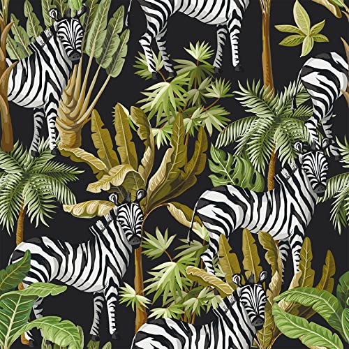 VEELIKE Fototapete Dschungel Zebra 44.5cm×900cm Tropische Tapete Blumen Selbstklebende Folie Wasserfest Dekoration Schlafzimmer Klebefolie Ornamente Möbelfolie Schrankpapier Vintage Wohnzimmer Flur von VEELIKE