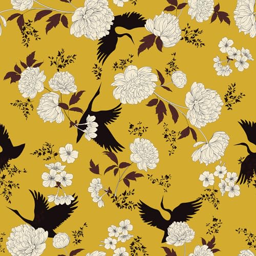 VEELIKE Gelbe Blumentapete Selbstklebend Tapete Blumen Vintage Kranich Tapete Vogel Mustertapete 44.5cm x 300cm Fototapete Schlafzimmer Tapeten Wohnzimmer Muster Möbelfolie Badezimmer Abnehmbar von VEELIKE