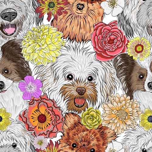 VEELIKE Hund Tapete Kinderzimmer Tapete Blumen Weiß Hundewelpe Kindertapete 44.5 cm x 300 cm Fototapete Selbstklebend Mustertapete Blumentapete Mädchenzimmer Schlafzimmer Wand Dekoration Entfernen von VEELIKE