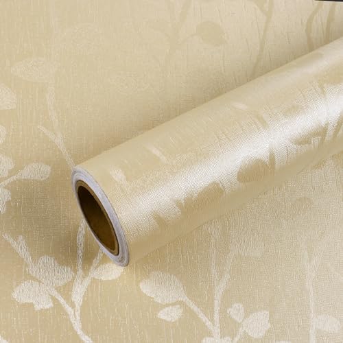 VEELIKE Klebefolie Beige Tapete Blätter Vintage Blumentapete Möbelfolie Selbstklebend Folie für Möbel Küchentapete Wand Abwaschbar Wandtapete Esszimmer Tapeten Wohnzimmer Schlafzimmer 40cmx300cm von VEELIKE