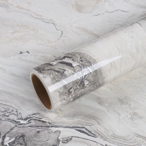 VEELIKE Klebefolie Marmoroptik Beige Grau Hochglanz 81 cm × 300 cm Möbelfolie Marmor Folie Küchenarbeitsplatte Marmor Tapete Badezimmer Arbeitsplatte Folie Wasserfest Esszimmer Tapeten Wohnzimmer von VEELIKE