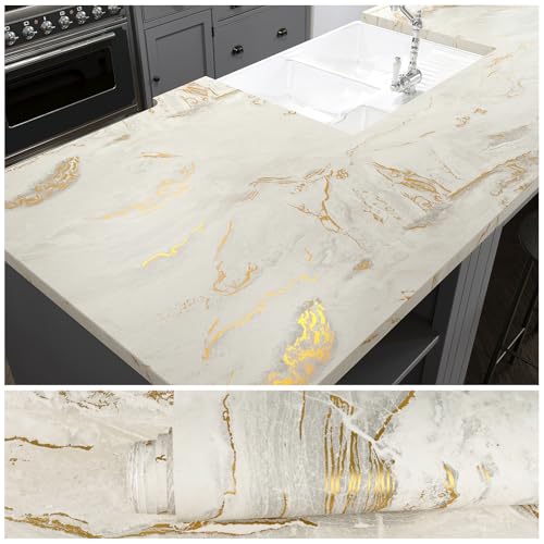 VEELIKE Klebefolie Marmoroptik Beige Matt Marmor Tapete Selbstklebend Mamorfolie für Küche Arbeitsplatte Marmortapeten Wand Gold Küchentapete Abwaschbar Dick Wandtapete Badezimmer Tisch 40cm×300cm von VEELIKE