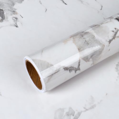 VEELIKE Klebefolie Marmoroptik Weiß Marmor Tapete Selbstklebend Mamorfolie Weis Grau Glatt Marmortapeten Wand Küchentapete Wand Abwaschbar Küchenfolie Rückwand Arbeitsplatte Badezimmer 40cm×300cm von VEELIKE