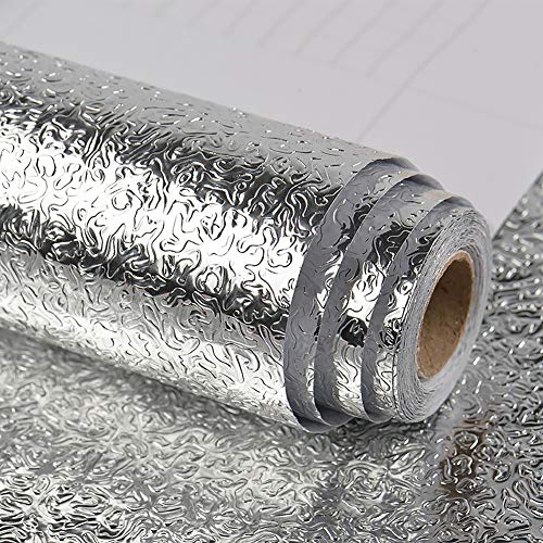 VEELIKE Küchenrückwand Folie ölbeständig Klebefolie Möbelfolie Abwaschbare Tapete küchentapete Selbstklebend abwaschbar Küchenschränke Wand Tapeten Silber Folie Küchenarbeitsplatte 40cm x 600cm von VEELIKE