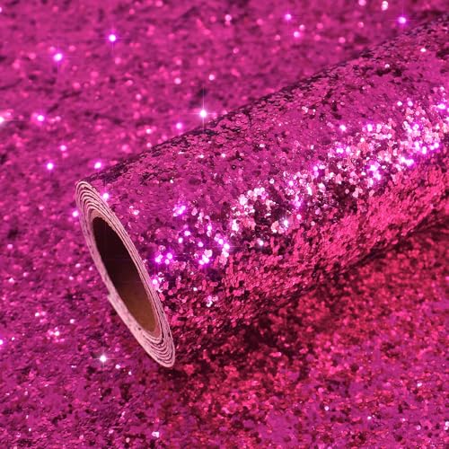 VEELIKE Magenta Rosa Klobige Glitzer Tapete Glitzerfolie 40cm × 300cm Selbstklebende Tapete Rosa Möbelfolie Glitzer Deko Wohnzimmer Schlafzimmer Dekorfolie Festliche Party Dekoration Abnehmbar von VEELIKE