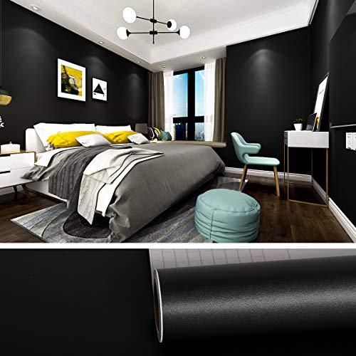 VEELIKE Möbelfolie Klebefolie Schwarz Wandfolie Selbstklebend Abwaschbar Matt Folie Tapeten Tapete Schlafzimmer Wohnzimmer Wasserdichte Fensterbank Folie Schrankfolien 0.4m x 18m von VEELIKE