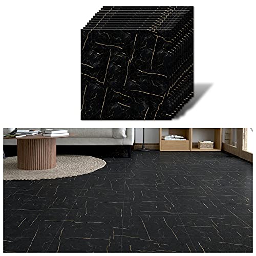 VEELIKE PVC Boden Marmor Schwarz Vinylboden Selbstklebend Bodenfliesen PVC Bodenbelag Küche Klebefliesen Badezimmer Boden Fliesenaufkleber Boden Garage Schlafzimmer 1.5mm 30cm x 30cm 12 Stücke von VEELIKE