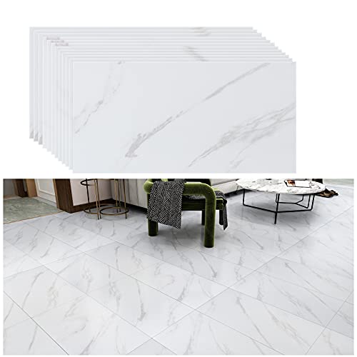 VEELIKE PVC Boden Marmor Weiß 12 Stück 60cm x 30cm Marmoroptik Bodenfliesen Selbstklebend PVC Bodenbelag Garage Vinylboden Fliesenoptik Klebefliesen Bad Boden Wasserdicht Fußbodenbelag Schlafzimmer von VEELIKE