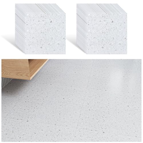 VEELIKE PVC Bodenbelag Granit Weiß Klebefliesen Boden Vinylboden Selbstklebende Fliesen Terrazzo Weiß Venylbodenbelag Selbstklebend Fliesenoptik Bodenfliesen Badezimmer Küche 30cm×30cm 24 Stück von VEELIKE
