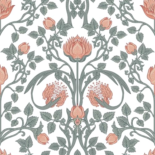 VEELIKE Pfirsich Blumentapete Vintage Selbstklebende Tapete Blumen William Morris Mustertapete 44.5cm x 300cm Klebefolie Blumen Rosa Fototapete Schlafzimmer Möbelfolie Badezimmer Jugendstil Abnehmbar von VEELIKE