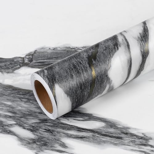 VEELIKE Schwarz und Weiß Gold Marmor Tapete Küche Rückwand Arbeitsplatte Badezimmer Abwaschbar 40 cm × 300 cm Klebefolie Marmoroptik Matt Möbelfolie Marmor Folie Küchenarbeitsplatte Esszimmer Tisch von VEELIKE
