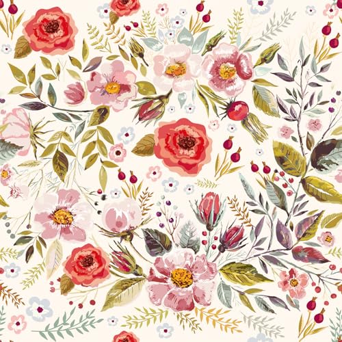 VEELIKE Selbstklebende Tapete Blumen Beige Boho Aquarell Blumentapete Vintage Mustertapete Fototapete Schlafzimmer Kinderzimmer 44.5cm x 300cm Tapete Botanische Möbelfolie Abnehmbar Mieterfreundlich von VEELIKE