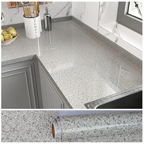 VEELIKE Steintapete Grau 60cm x 900cm Selbstklebende Klebefolie Terrazzo Küchentapete Abwaschbar Tapeten Granit Möbelfolie Wandtapete Steinoptik Badezimmer Möbelfolie Arbeitsplatte Küche Abnehmbar von VEELIKE