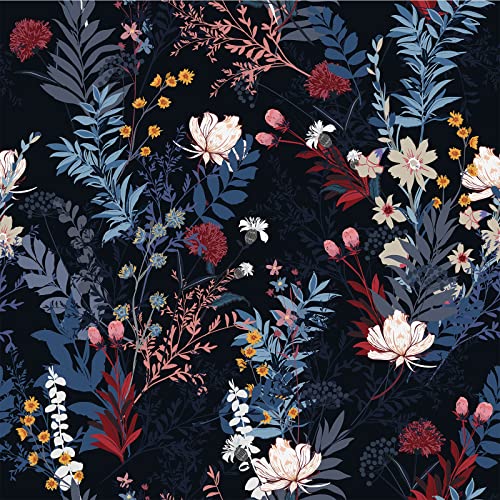 VEELIKE Tapete Blätter Blau Blumentapete Schwarz 44.5cm x 900cm Fototapete Blumen Möbelfolie Selbstklebend Tapeten Schlafzimmer Romantik Schrankpapier Vintage Klebefolie Möbel Wohnzimmer Flur von VEELIKE