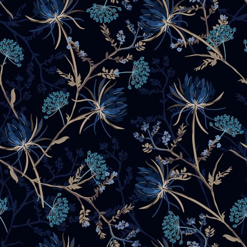 VEELIKE Tapete Blumen Blau Löwenzahn Blumentapete Schwarz Mustertapete Selbstklebend Fototapete Schlafzimmer Romantik Tapeten Blätter Tropische Klebefolie Blumen Wohnzimmer Badezimmer 44.5cm×300cm von VEELIKE